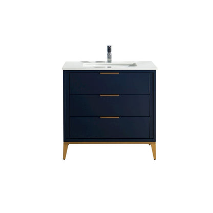 Divani 36'' Gloss Blue Vanity W/ Quartz Counter Top (Back Splash Free)