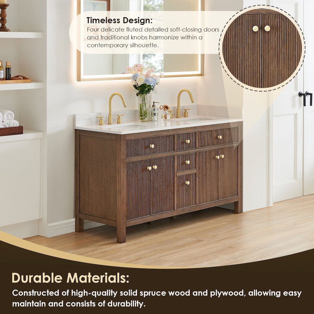 Double Bathroom Vanity in Brown Oak Grain White Engineered Stone Countertop