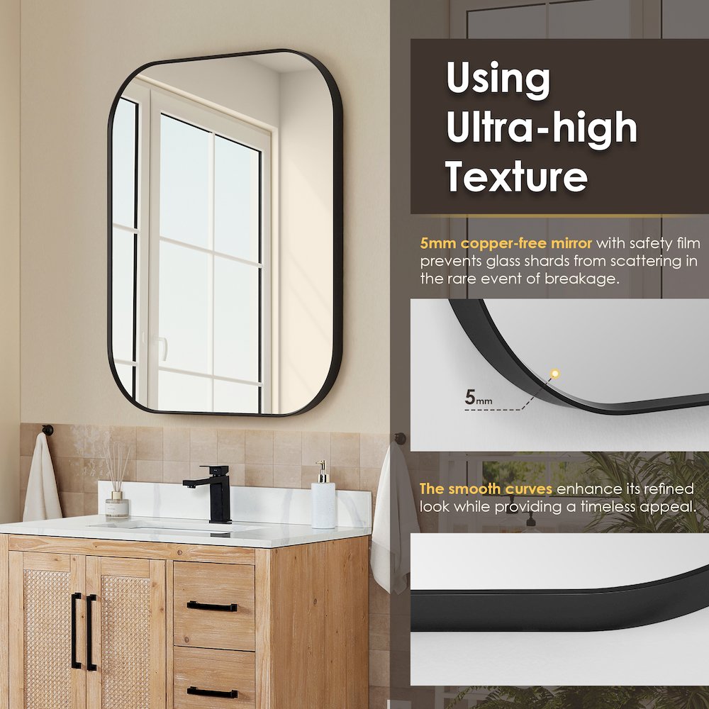36x30" Rectangular Aluminum Framed in Matte Black Modern Bathroom Wall Mirror