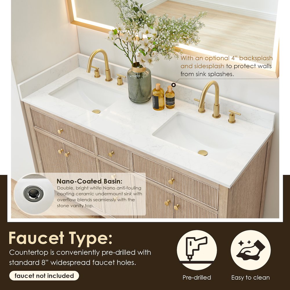 Double Bathroom Vanity in Nature Oak Grain White Engineered Stone Countertop