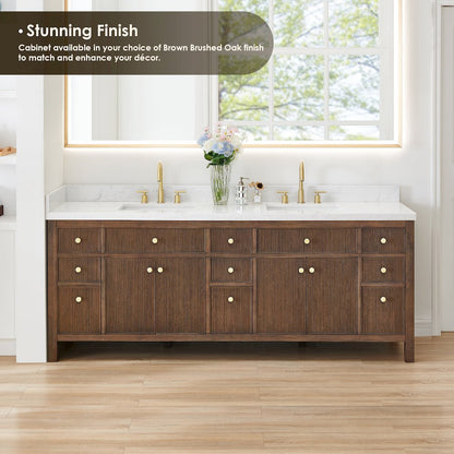 Double Bathroom Vanity in Brown Oak Grain White Engineered Stone Countertop