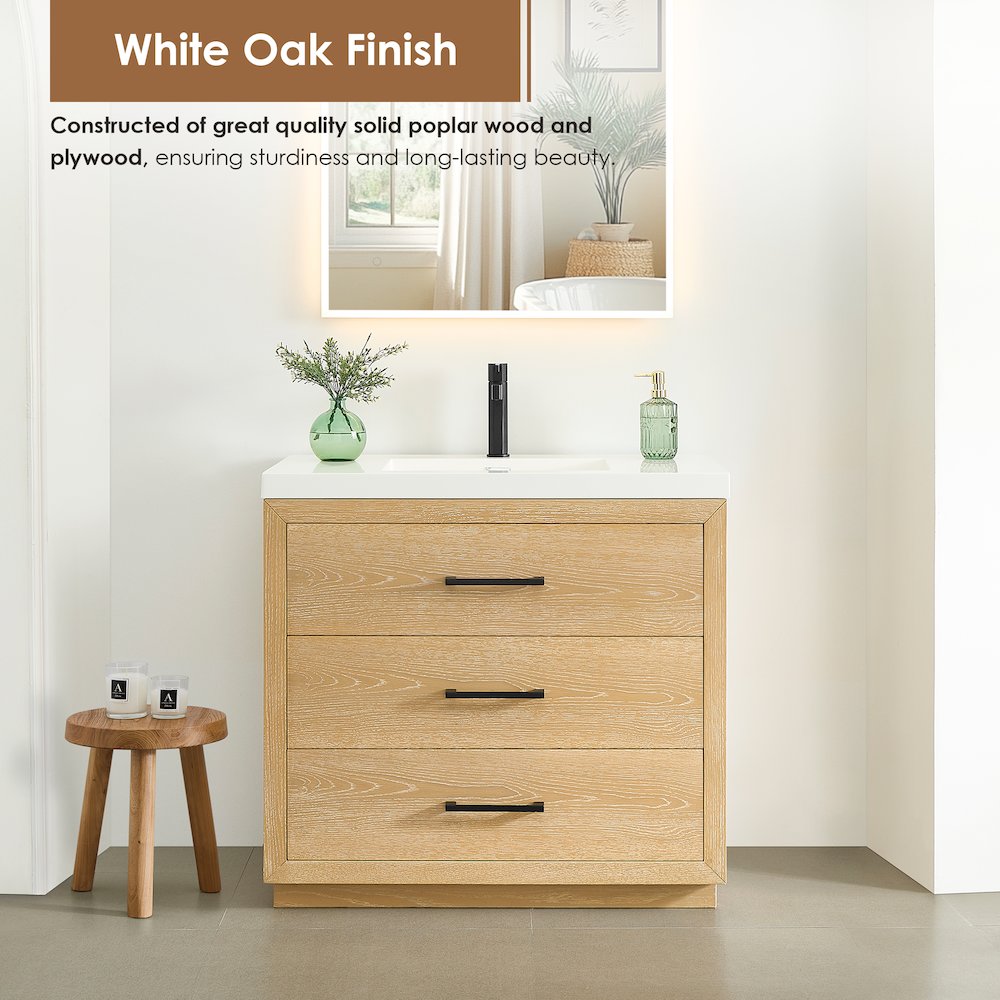 36" Single Bathroom Vanity in White Oak with White Artificial Drop-in Sink
