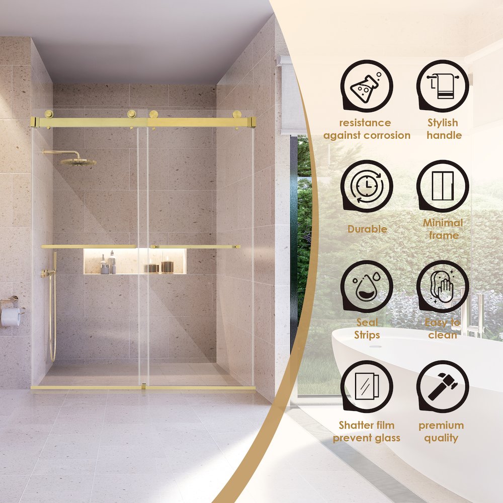 Frameless Exposed Roller Shower Door in Brushed Gold with Clear Glass