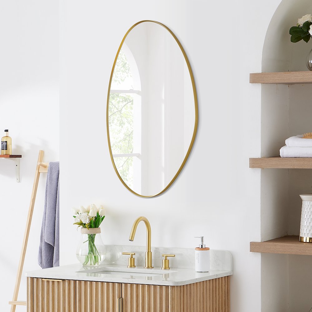 28"x36" Irregular Aluminum Framed in Brushed Gold Modern Bathroom Wall Mirror