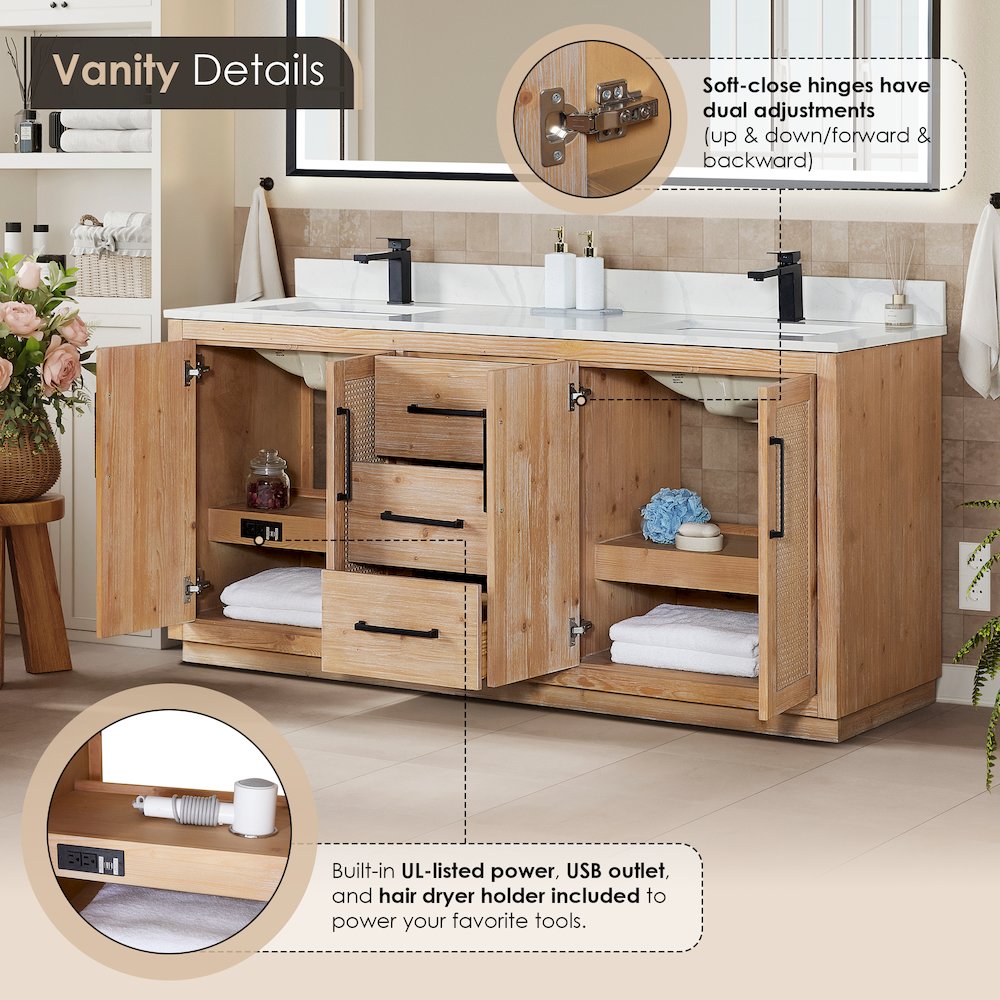 72" Double Bathroom Vanity with Calacatta White Quartz Countertop with Mirror