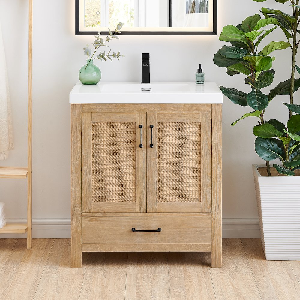 Single Bathroom Vanity in Light Brown White Artificial Drop-in Sink