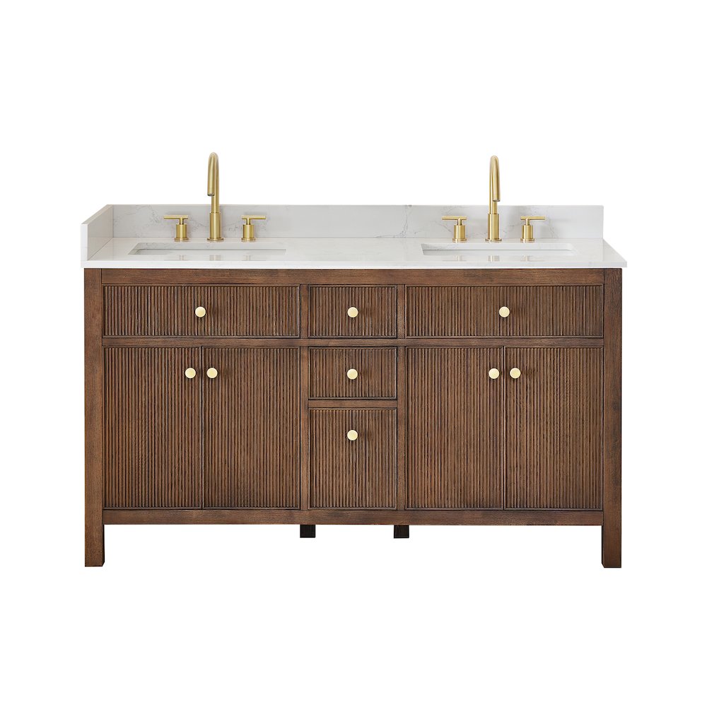 Double Bathroom Vanity in Brown Oak Grain White Engineered Stone Countertop