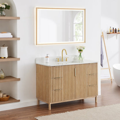 Single Bathroom Vanity in Washing Light Brown Grain White Engineered Stone