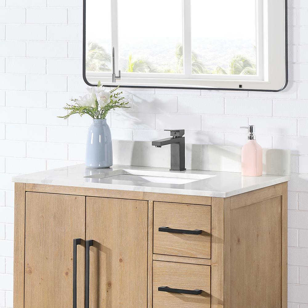 Arbios 36. in Quartz Stone Vanity Top in Calacatta White with White Sink