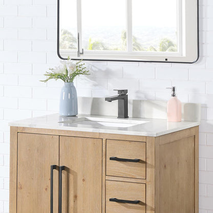 Arbios 36. in Quartz Stone Vanity Top in Calacatta White with White Sink