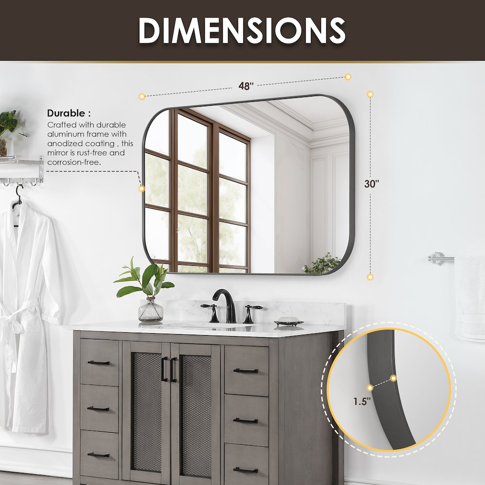 48x30" Rectangular Aluminum Framed in Gunmetal Modern Bathroom Wall Mirror