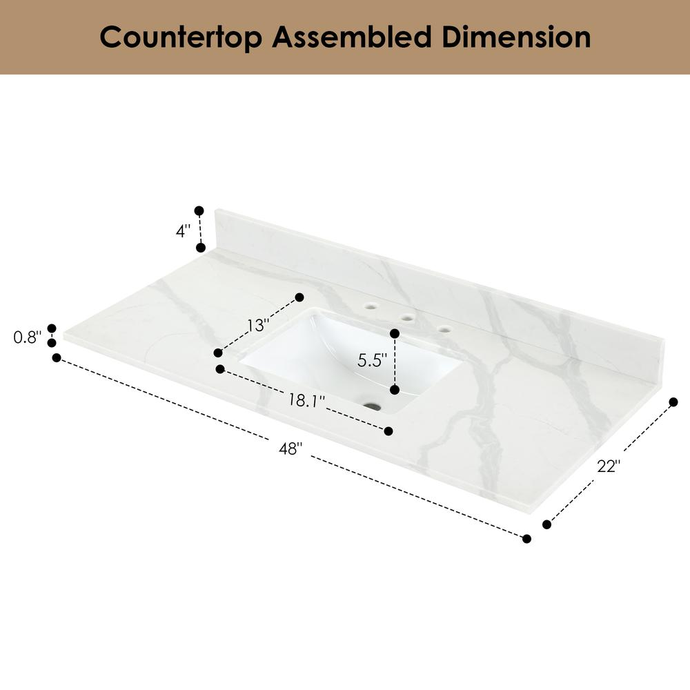 Arbios 48. in Quartz Stone Vanity Top in Calacatta White with White Sink