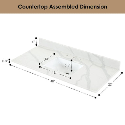 Arbios 48. in Quartz Stone Vanity Top in Calacatta White with White Sink