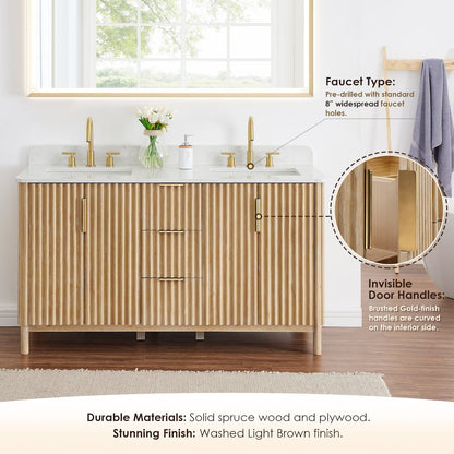 Double Bathroom Vanity in Washing Light Brown Grain White Engineered Stone