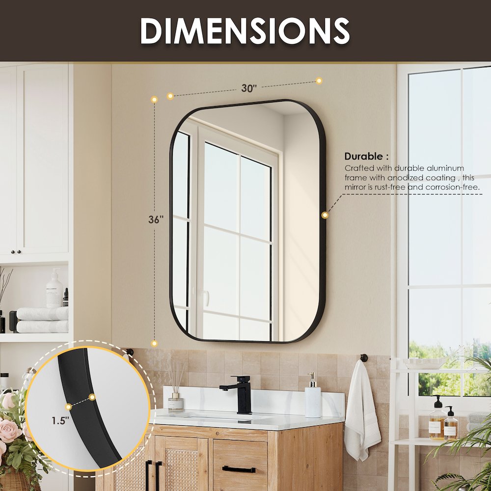 36x30" Rectangular Aluminum Framed in Matte Black Modern Bathroom Wall Mirror