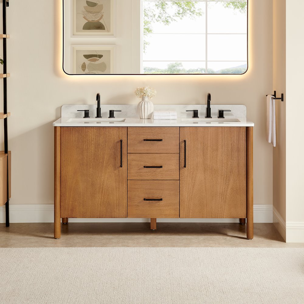 60" Double Bathroom Vanity in Mango Brown with Grain White