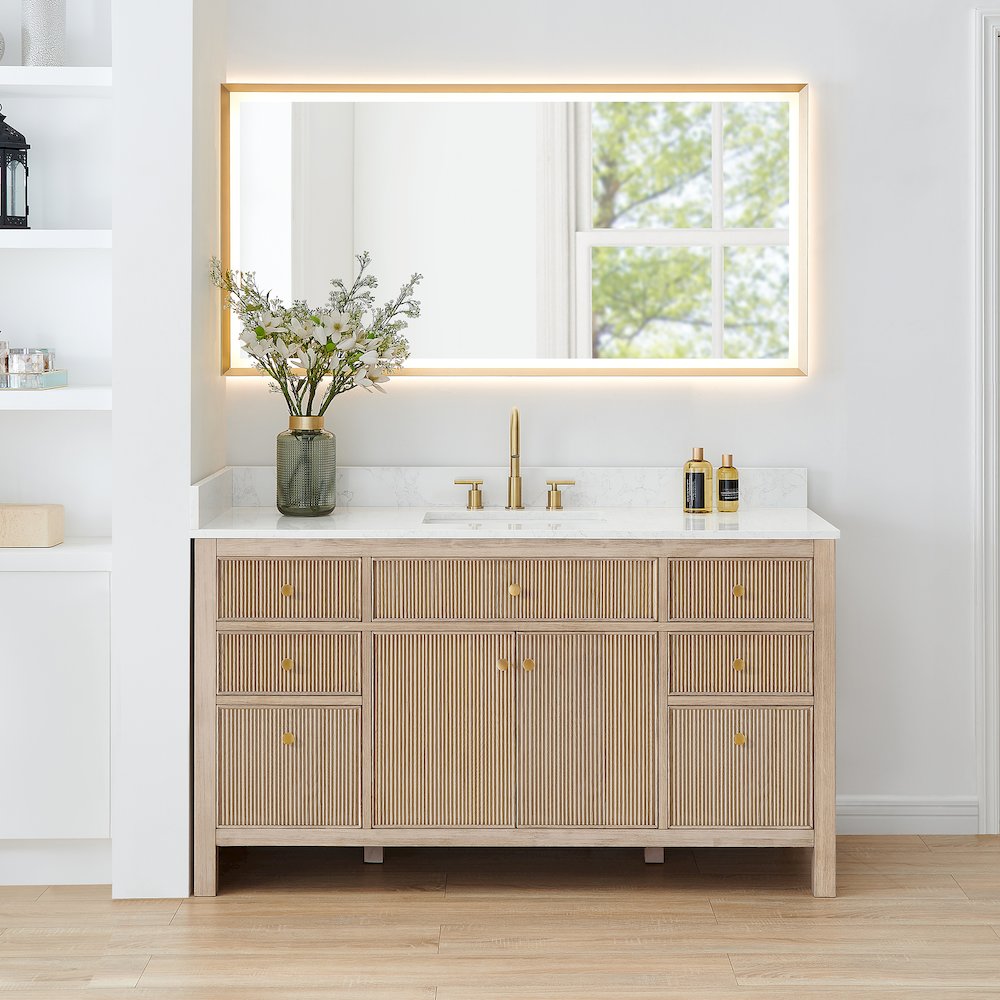 Single Bathroom Vanity in Nature Oak Grain White Engineered Stone Countertop