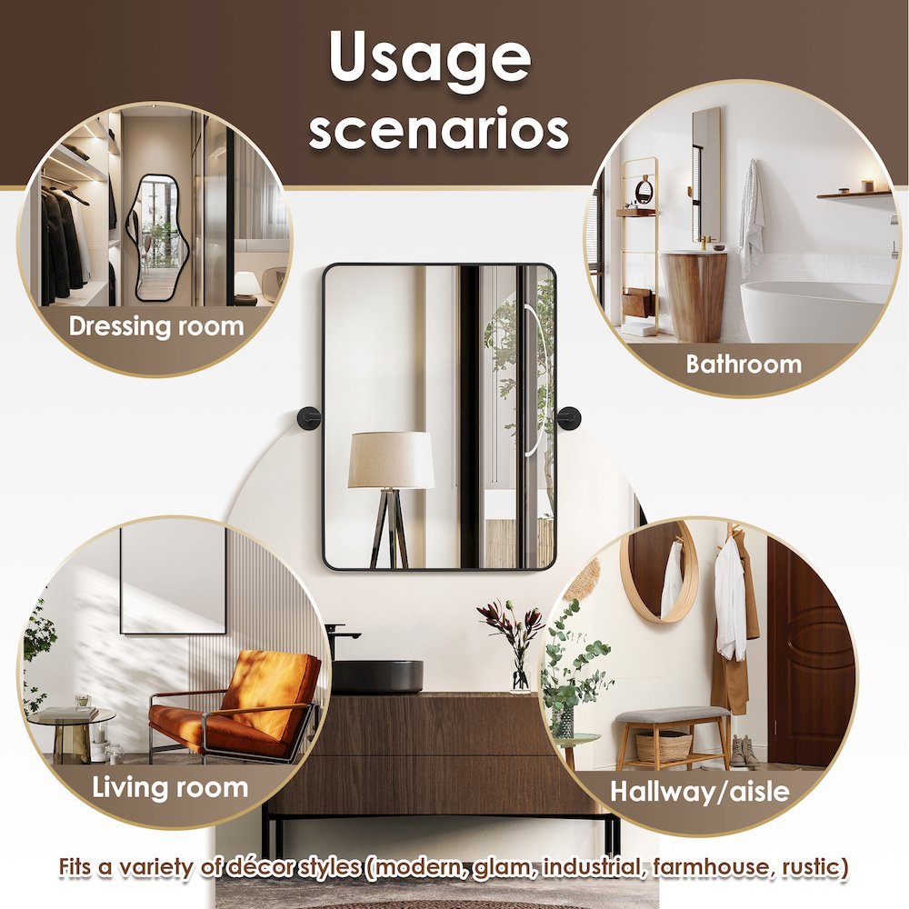 24x32'' Aluminum Framed in Matte Black Modern Bathroom Pivot Wall Mirror