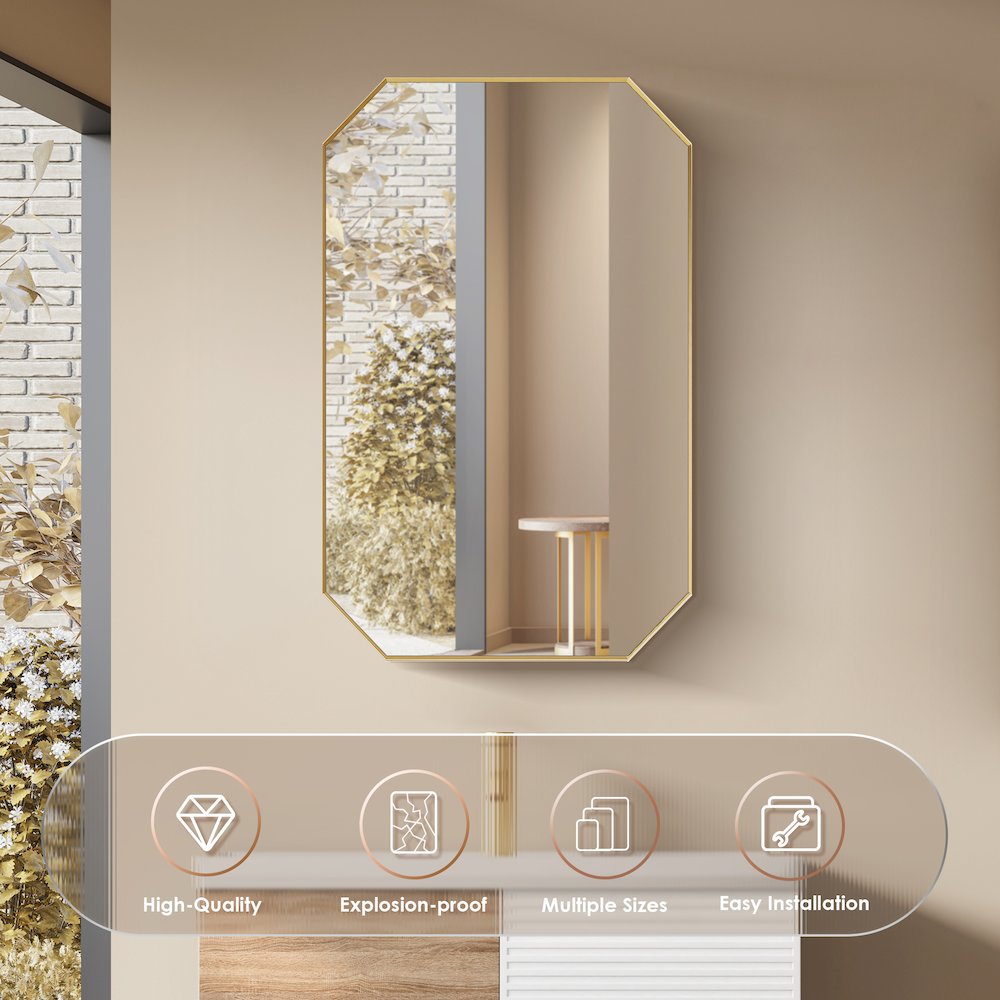 24"x36" Octagon Aluminum Framed in Brushed Gold Modern Bathroom Wall Mirror
