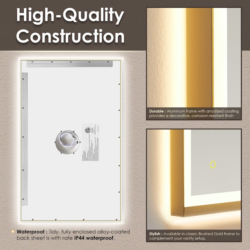 48"x30" Rectangular Wall Mirror in Brushed Gold Aluminum Framed