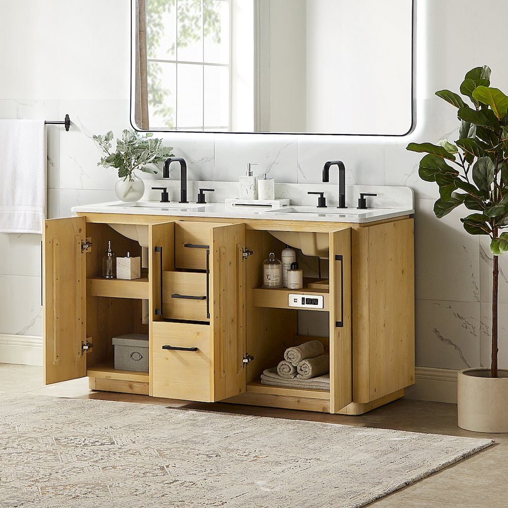 60" Double Bathroom Vanity in Nature Brown with Grain White