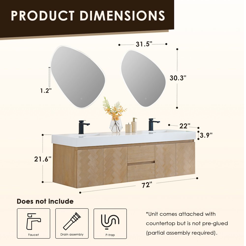 Double Bathroom Vanity in Light Brown White Artificial Drop-in Sink