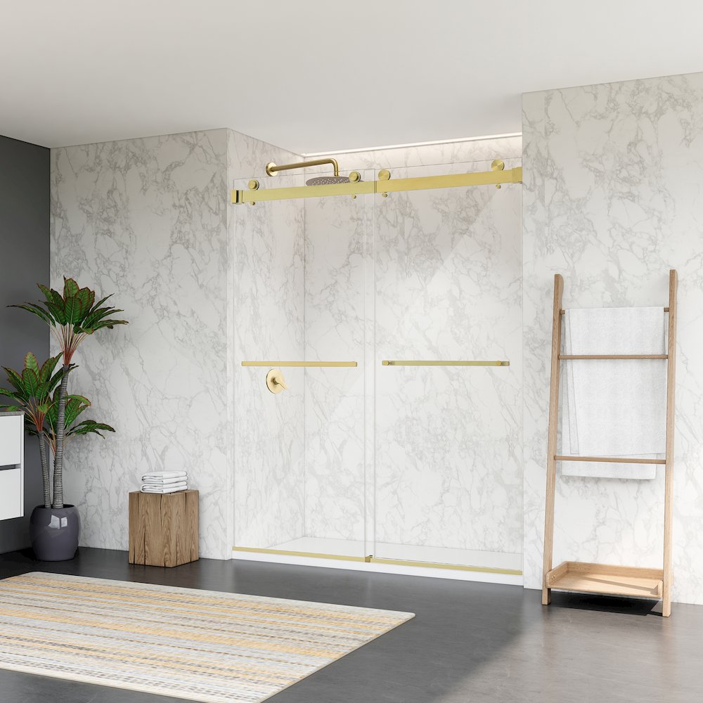 Frameless Exposed Roller Shower Door in Brushed Gold with Clear Glass