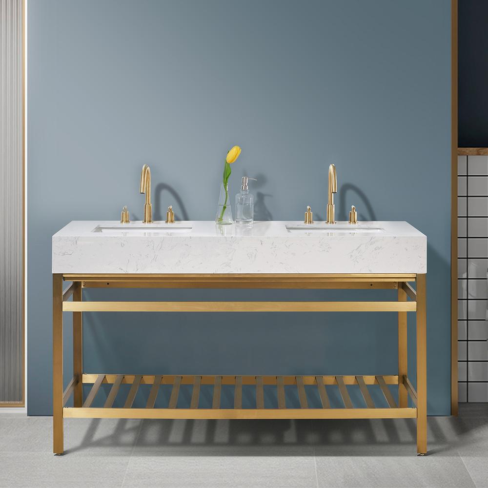 60" Double Stainless Steel Vanity Console in Brushed Gold without Mirror