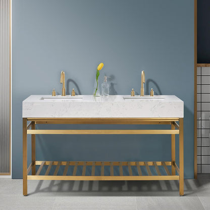 60" Double Stainless Steel Vanity Console in Brushed Gold without Mirror