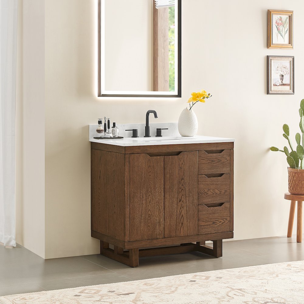 36" Single Bathroom Vanity in Brown Brushed Oak with Grain White