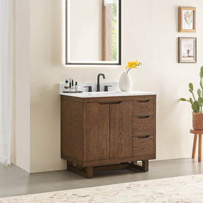 36" Single Bathroom Vanity in Brown Brushed Oak with Grain White