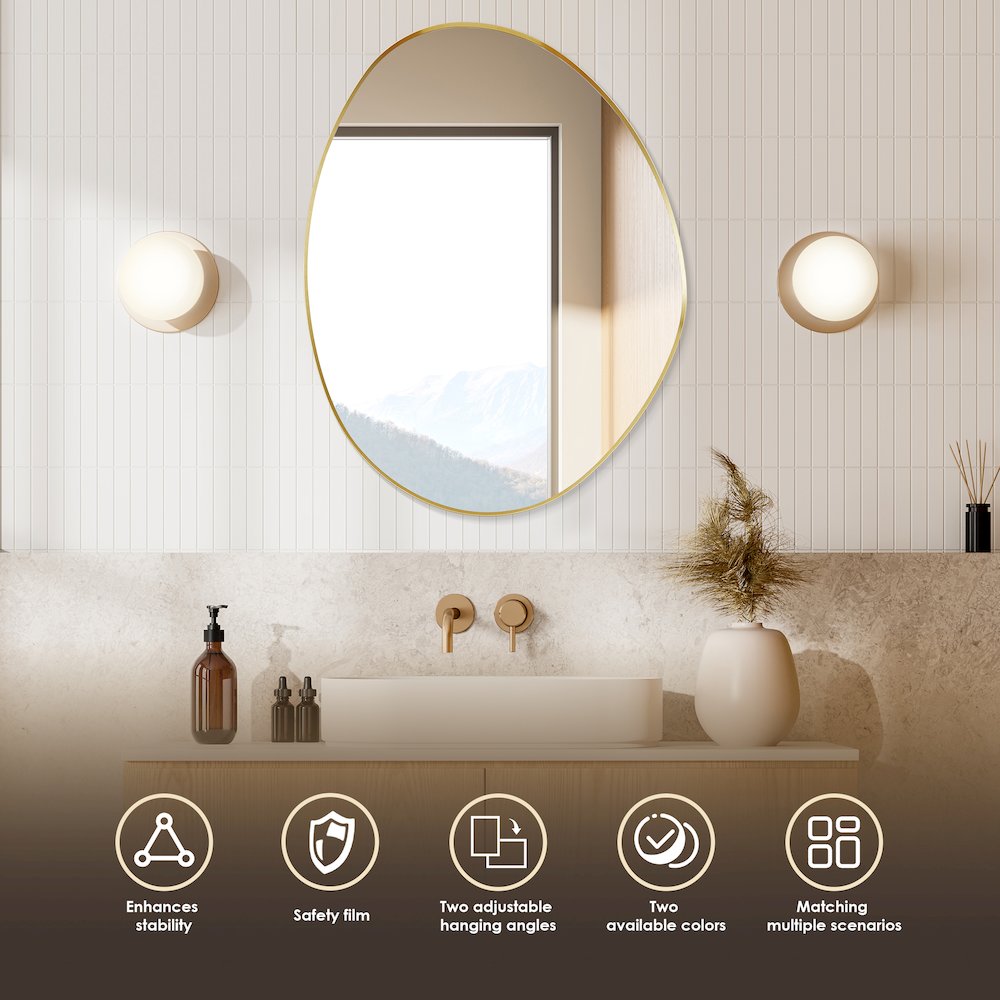 28"x36" Irregular Aluminum Framed in Brushed Gold Modern Bathroom Wall Mirror