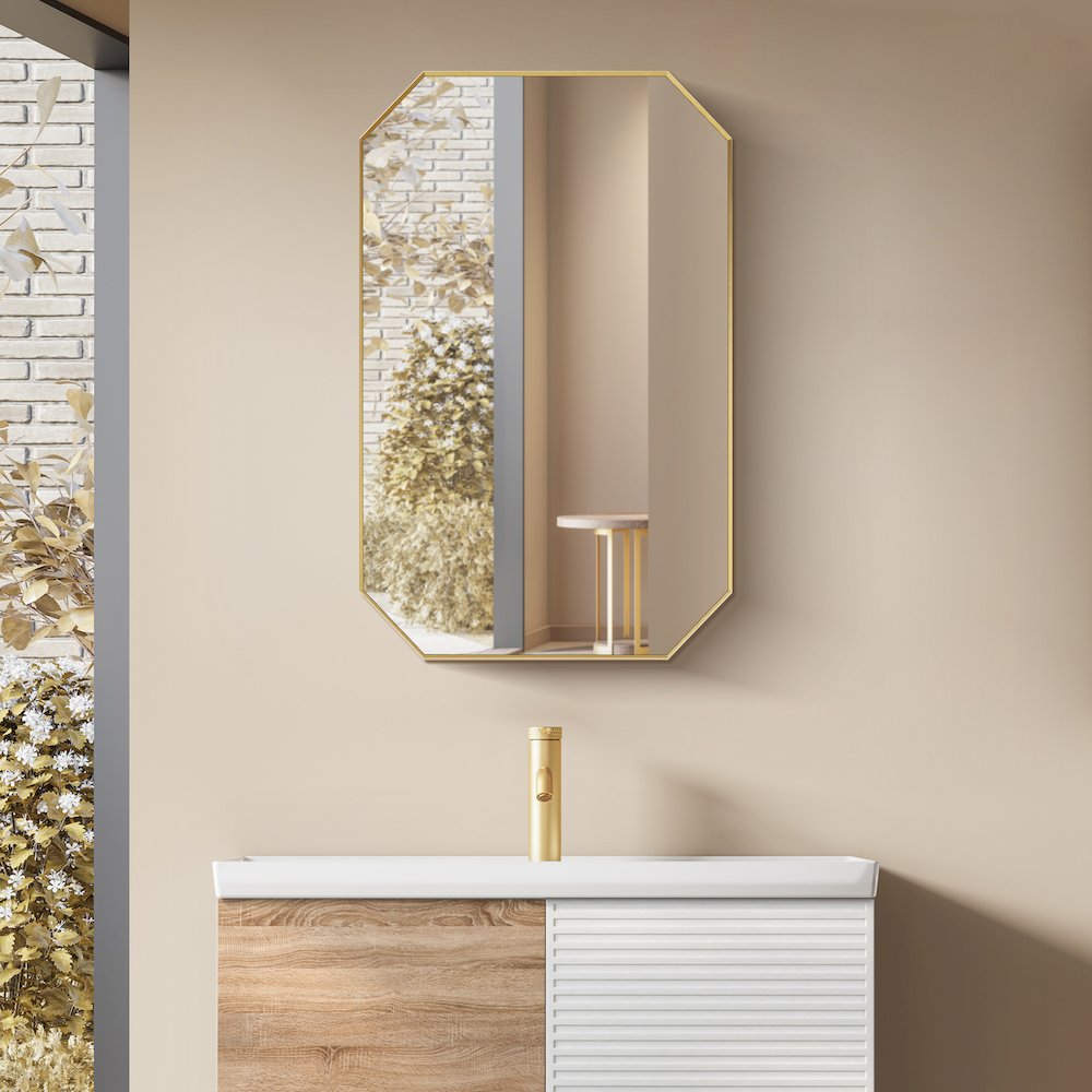 24"x36" Octagon Aluminum Framed in Brushed Gold Modern Bathroom Wall Mirror