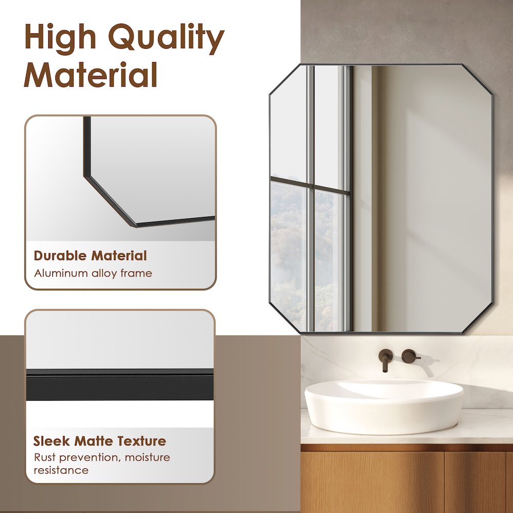 36"x30" Octagon Aluminum Framed in Matte Black Modern Bathroom Wall Mirror