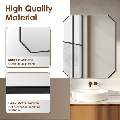 36"x30" Octagon Aluminum Framed in Matte Black Modern Bathroom Wall Mirror