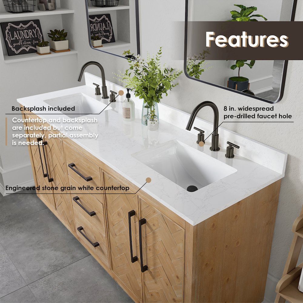 72" Double Bathroom Vanity Grain White Engineered Stone Countertop
