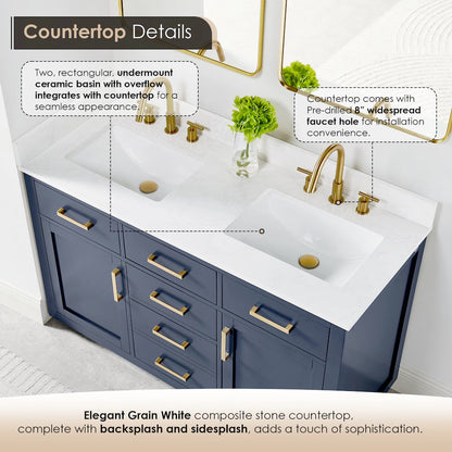 54" Double Bathroom Vanity in Royal Blue with Grain White