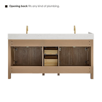 Double Bathroom Vanity in Nature Oak Grain White Engineered Stone Countertop