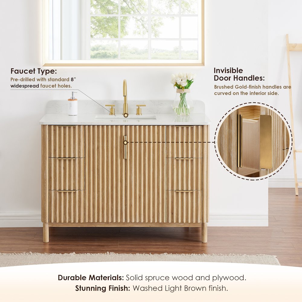 Single Bathroom Vanity in Washing Light Brown Grain White Engineered Stone