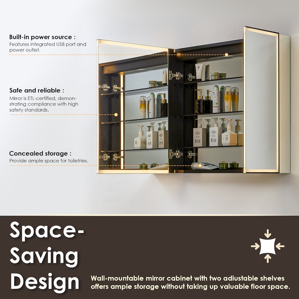 48"x32" Rectangular Bathroom Black Aluminum Mirror Medicine Cabinet