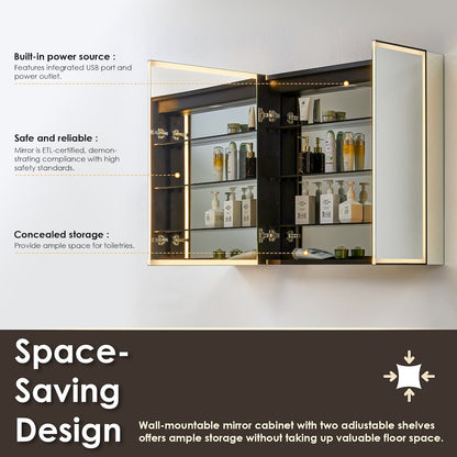 48"x32" Rectangular Bathroom Black Aluminum Mirror Medicine Cabinet