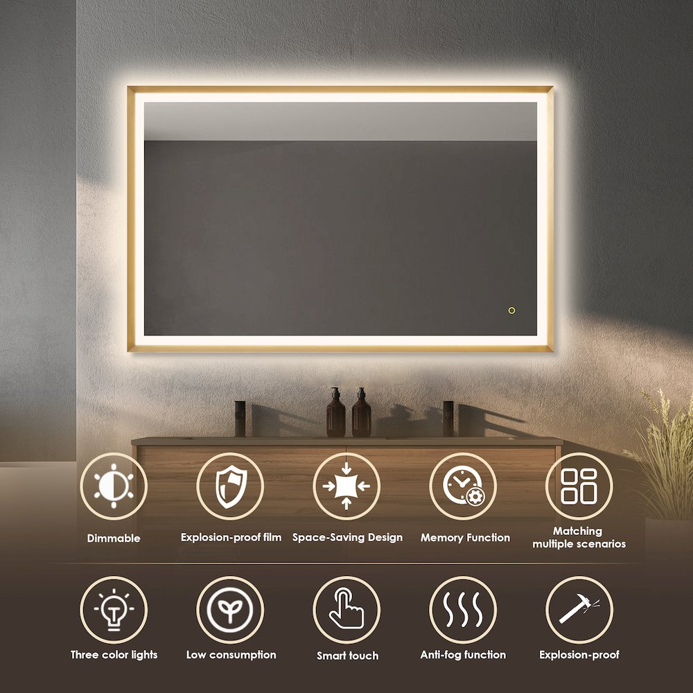 48"x30" Rectangular Wall Mirror in Brushed Gold Aluminum Framed