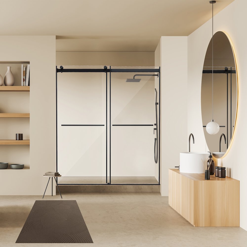 Frameless Exposed Roller Shower Door in Matte Black with Clear Glass