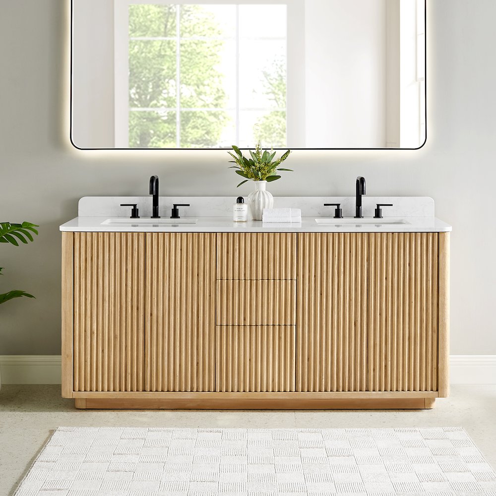 72" Double Bathroom Vanity in Washed Light Brown with Grain White