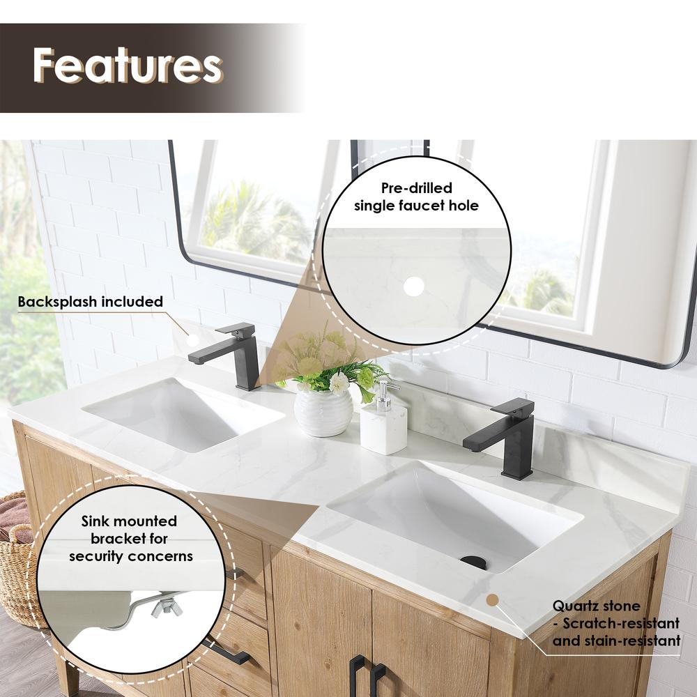 Arbios 60. in Quartz Stone Vanity Top in Calacatta White with White Sink