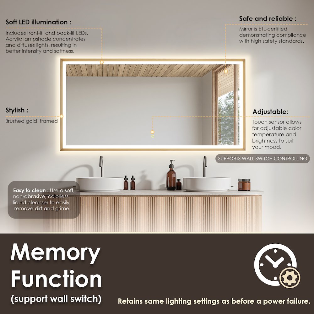 60"x30" Rectangular Wall Mirror in Brushed Gold Aluminum Framed