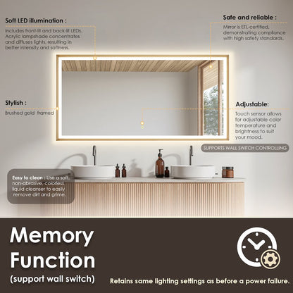 60"x30" Rectangular Wall Mirror in Brushed Gold Aluminum Framed