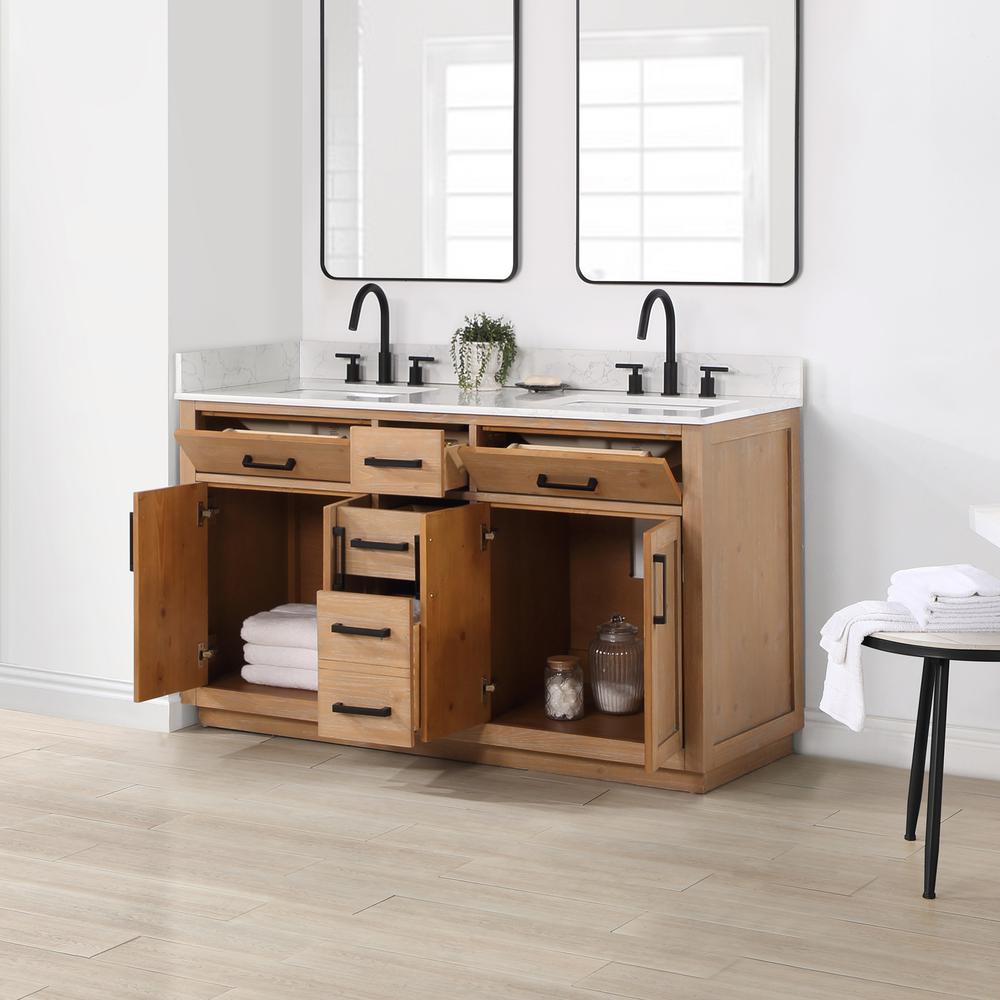 60" Double Bathroom Vanity in Light Brown without Mirror