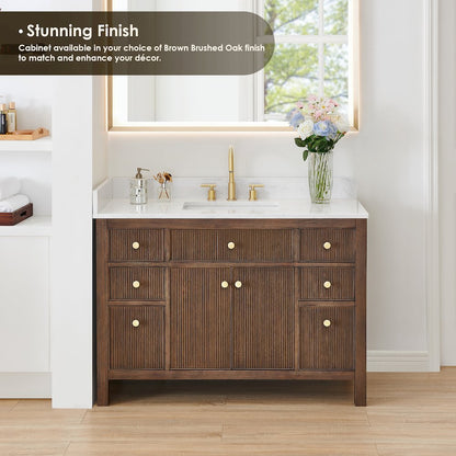 Single Bathroom Vanity in Brown Oak Grain White Engineered Stone Countertop