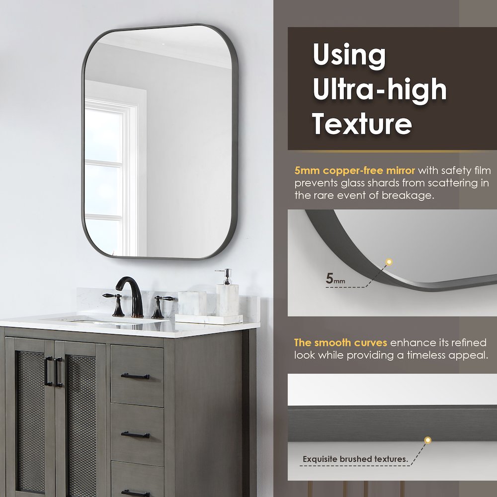 36x30" Rectangular Aluminum Framed in Gunmetal Modern Bathroom Wall Mirror